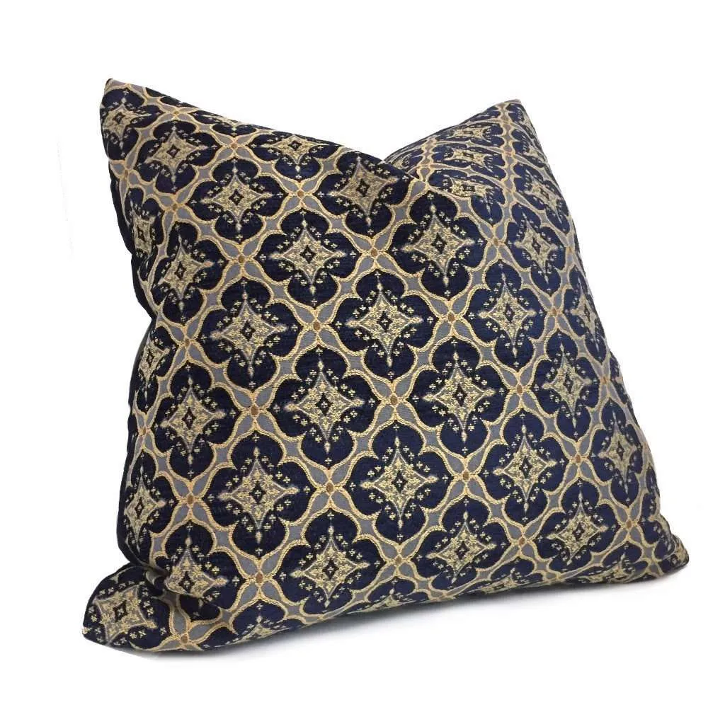 Kravet Couture Ornament Accent Navy Blue Gold Geometric Diamond Tile Pillow Cover