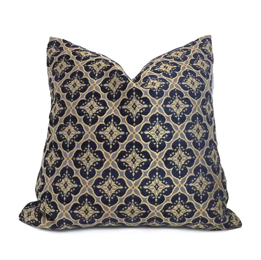 Kravet Couture Ornament Accent Navy Blue Gold Geometric Diamond Tile Pillow Cover