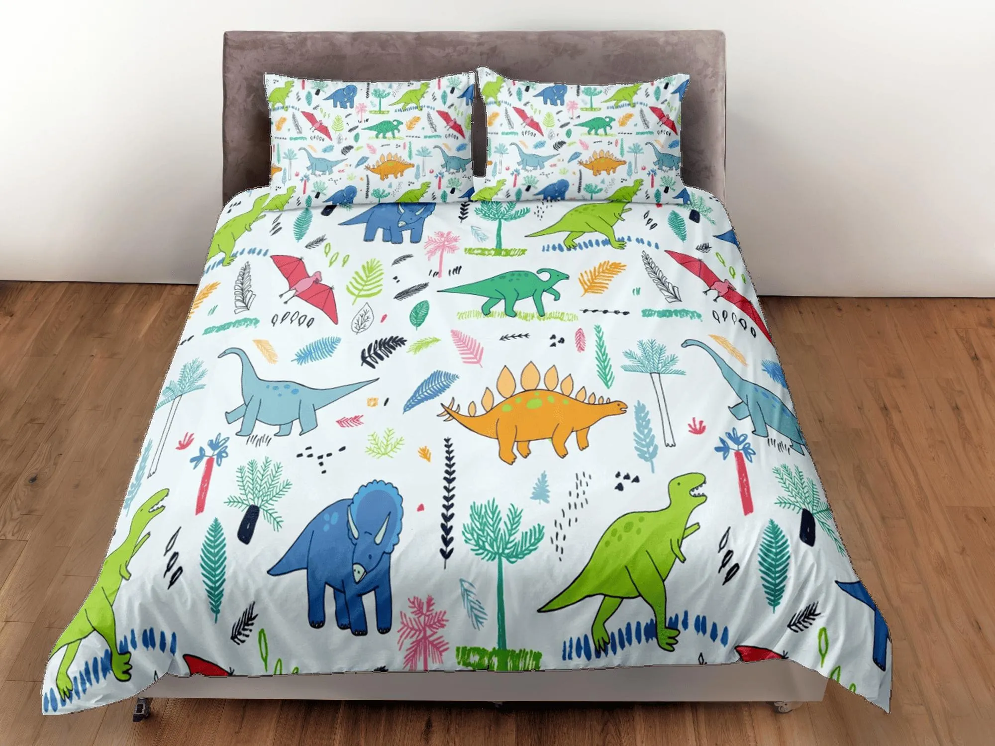 Light blue dinosaur bedding, kids bedding full, cute duvet cover set, dinosaur nursery bed decor, colorful bedding, baby dinosaur, toddler