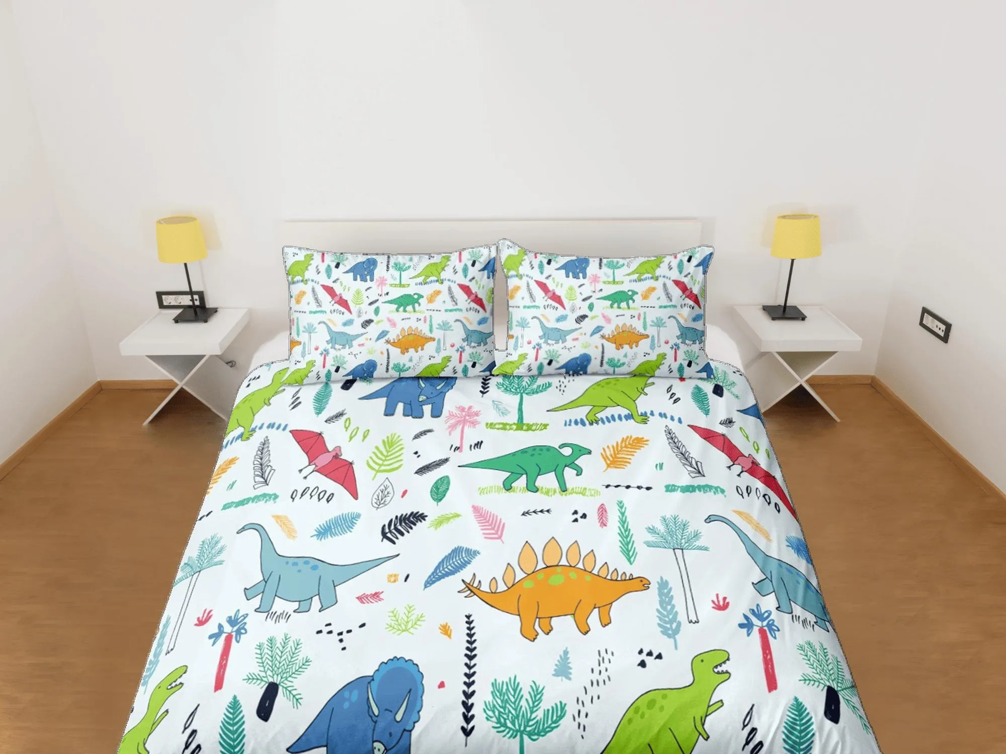 Light blue dinosaur bedding, kids bedding full, cute duvet cover set, dinosaur nursery bed decor, colorful bedding, baby dinosaur, toddler