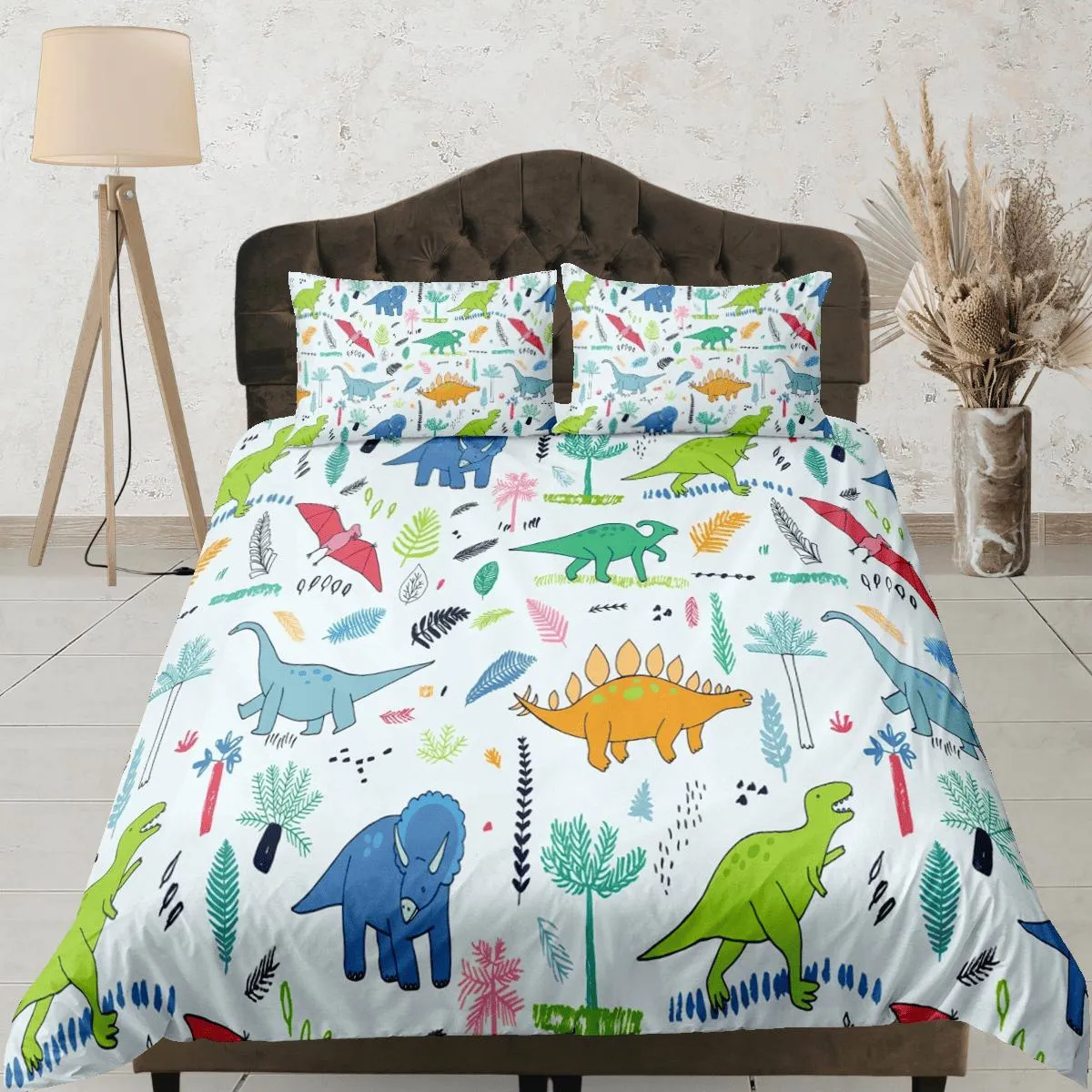 Light blue dinosaur bedding, kids bedding full, cute duvet cover set, dinosaur nursery bed decor, colorful bedding, baby dinosaur, toddler