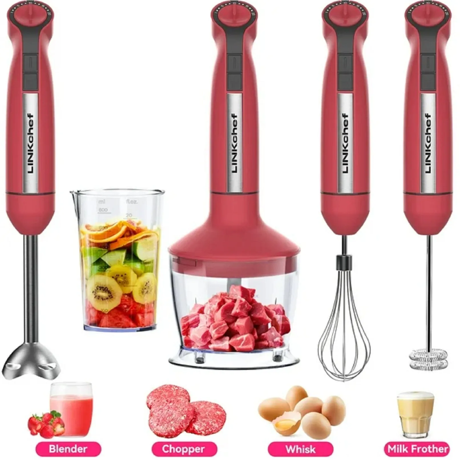 LINKChef 1580T-Red 20-Speed 1000W 5-in-1 Immersion Hand Blender, Red