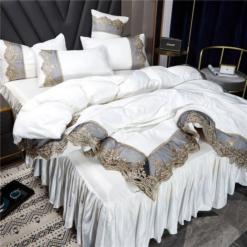 Luxurious Silk Bedding Set with Delicate Lace and Embroidery Details