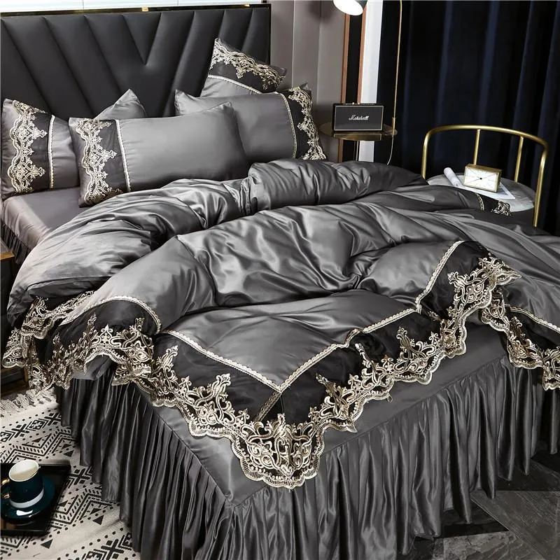 Luxurious Silk Bedding Set with Delicate Lace and Embroidery Details