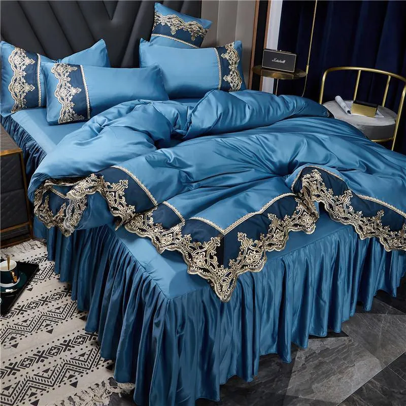 Luxurious Silk Bedding Set with Delicate Lace and Embroidery Details