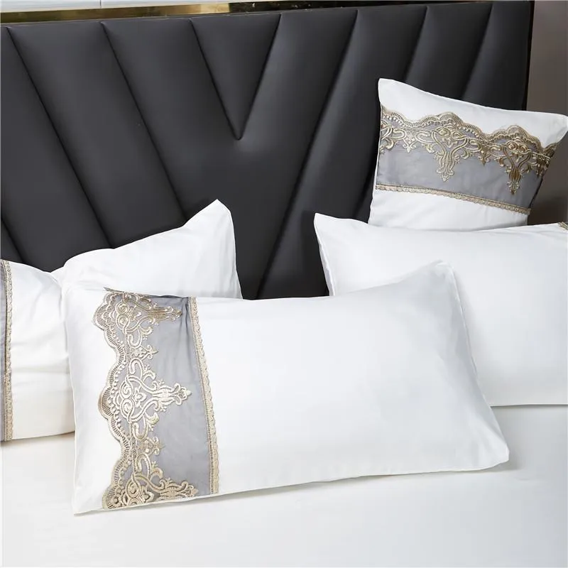 Luxurious Silk Bedding Set with Delicate Lace and Embroidery Details