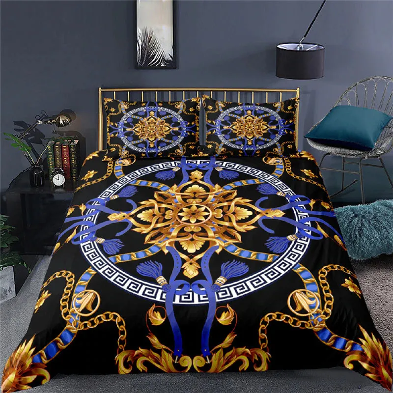 Luxury Duvet 3pc Set With Gold Blue and Black Colors