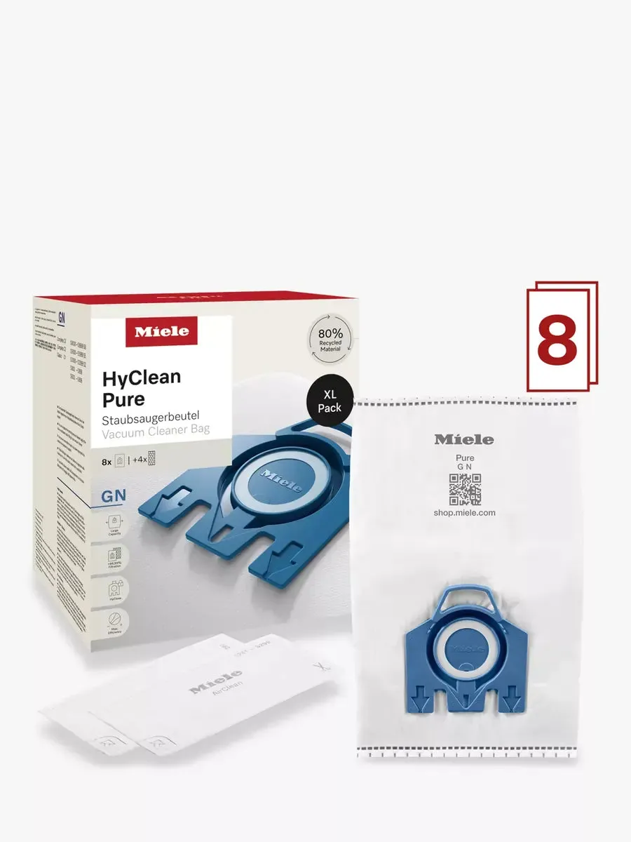 Miele HyClean Pure GN Dust Bag XL Pack (8 Dust Bags   4 Filters) For Compact Vacuum Cleaners