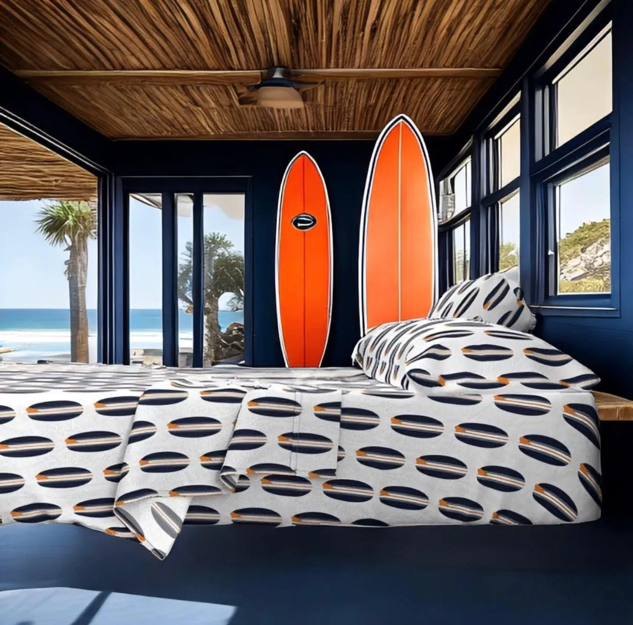 Navy Blue and Orange Classic Surfboards Sheet Set from Surfer Bedding™️ Medium Scale