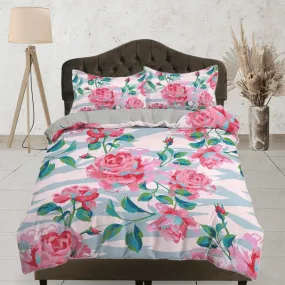 Pink carnation floral duvet cover colorful bedding, teen girl bedroom, baby girl crib bedding boho maximalist bedspread aesthetic bedding