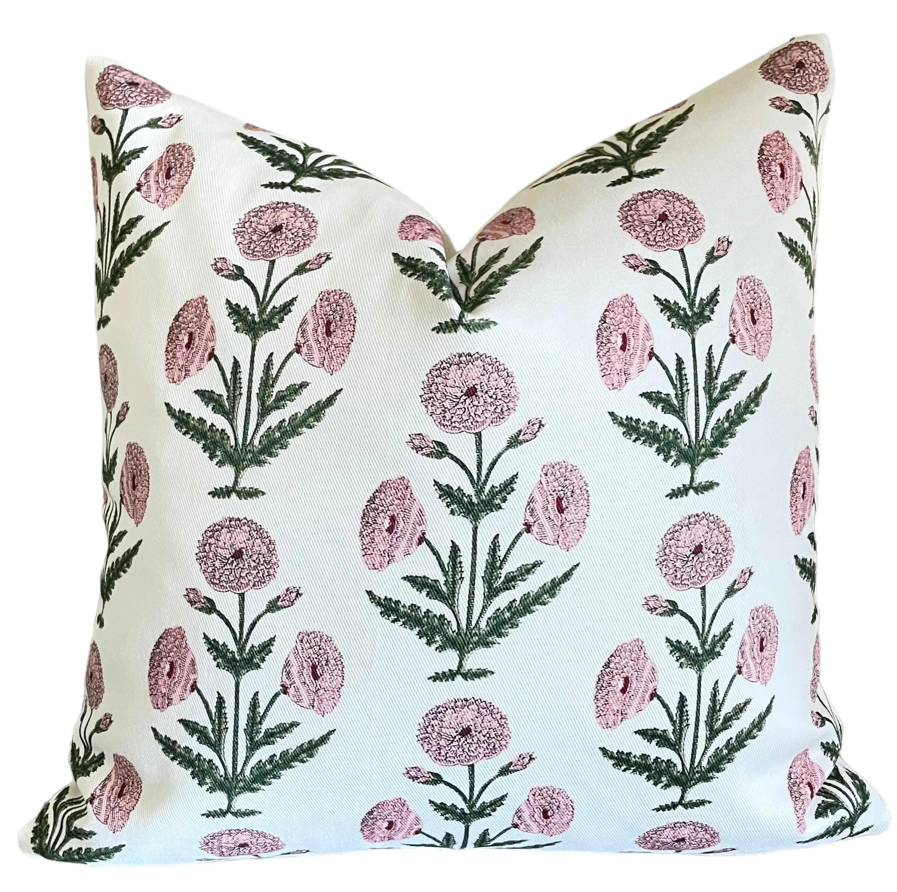 Pink Carnations Block Printed Canvas Pillow Cover: Available in 10 Sizes