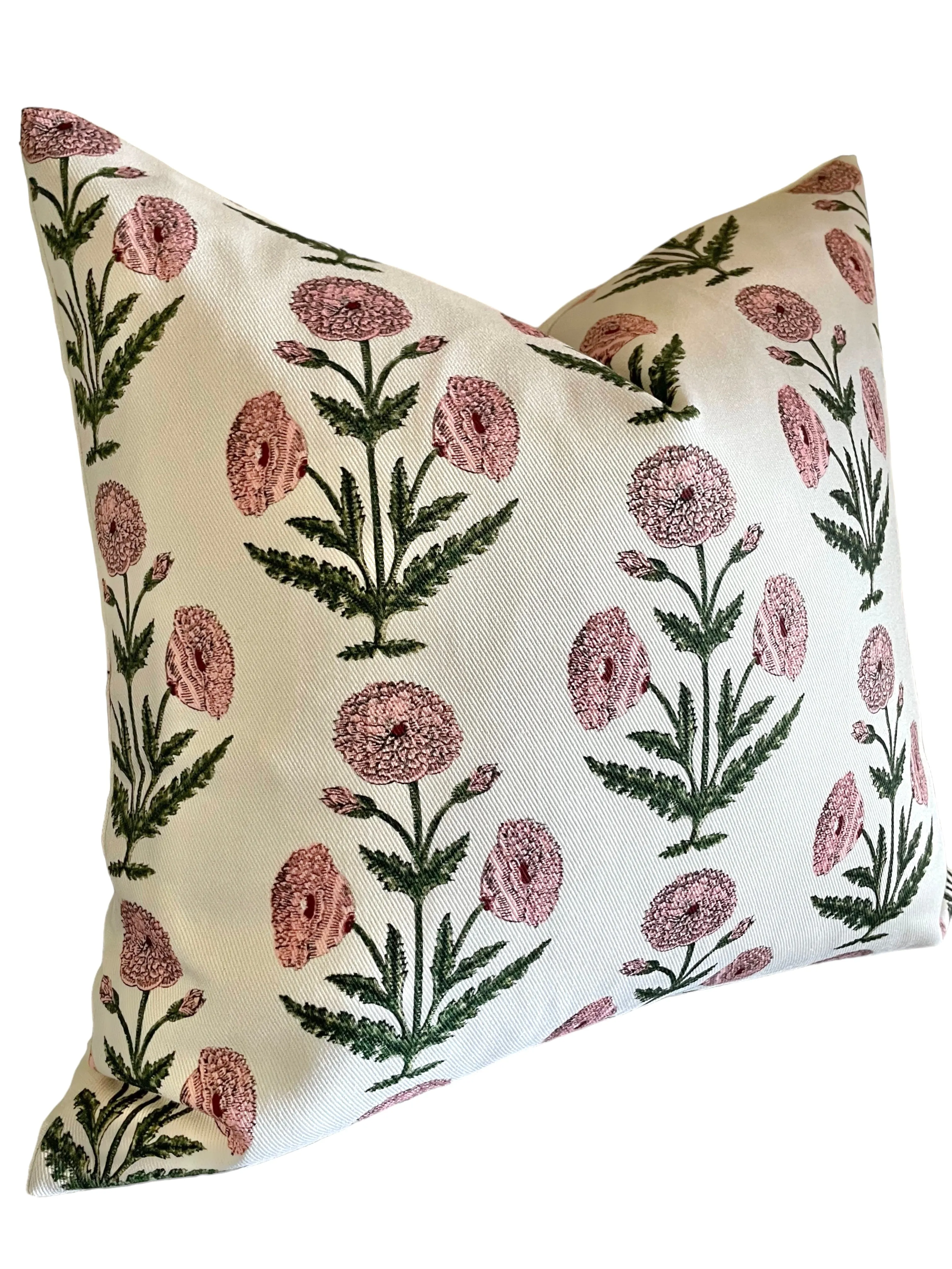 Pink Carnations Block Printed Canvas Pillow Cover: Available in 10 Sizes