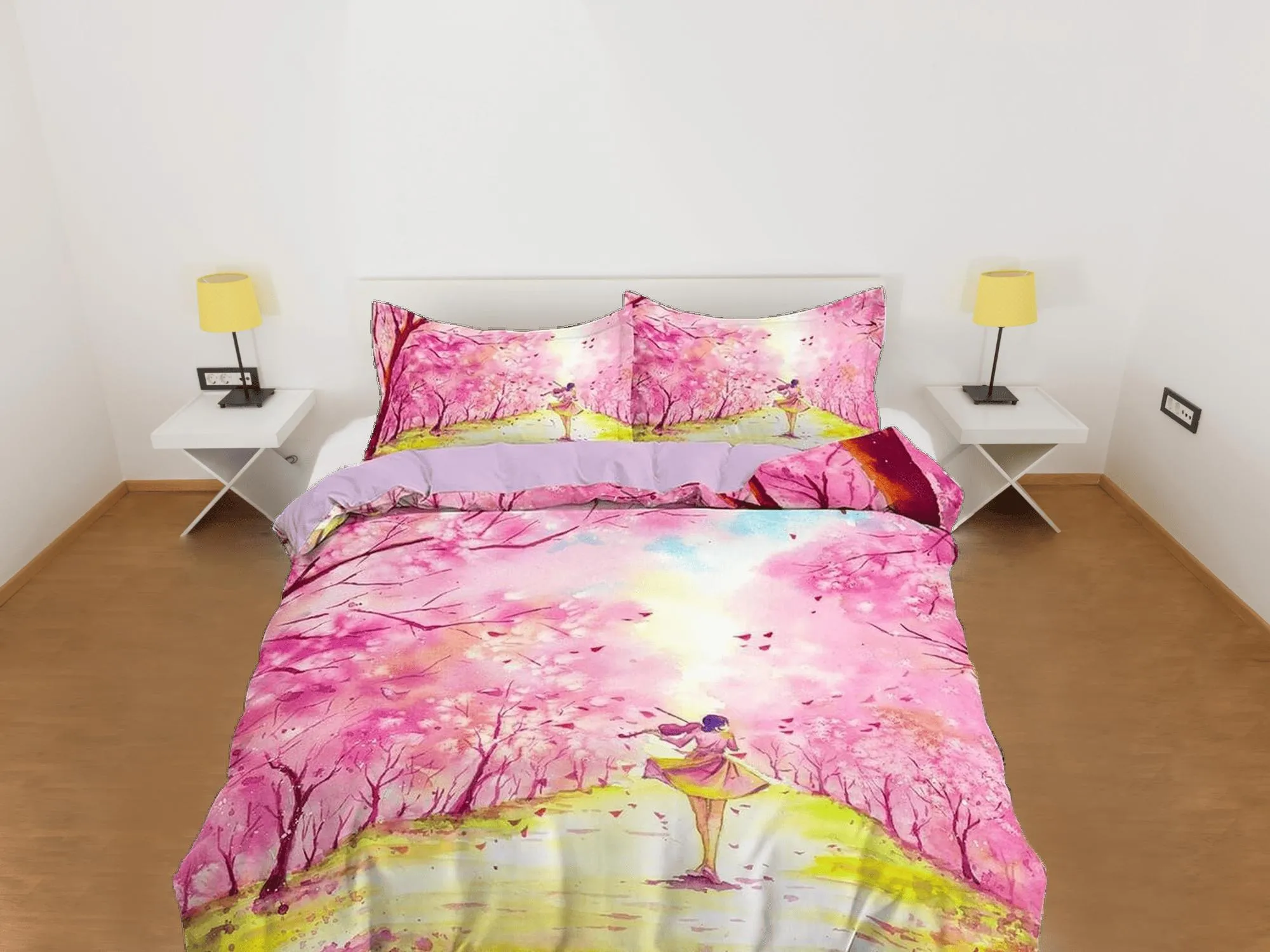 Pink cherry blossom bedding floral prints duvet cover queen, king, boho bedding designer bedspread artistic full size bedding aesthetic