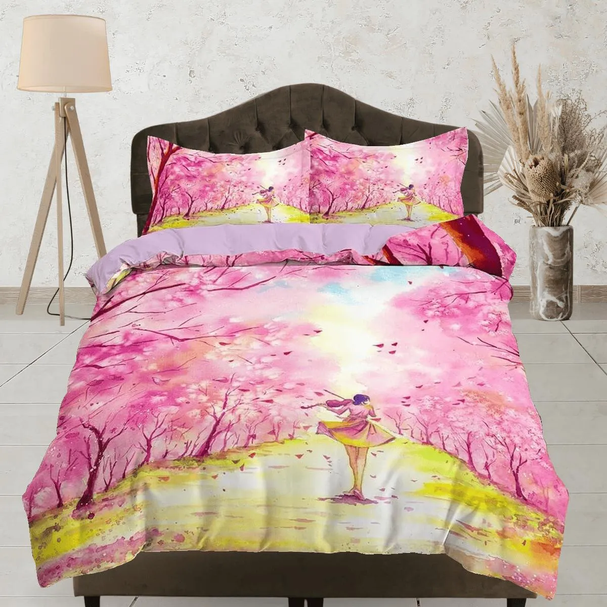 Pink cherry blossom bedding floral prints duvet cover queen, king, boho bedding designer bedspread artistic full size bedding aesthetic