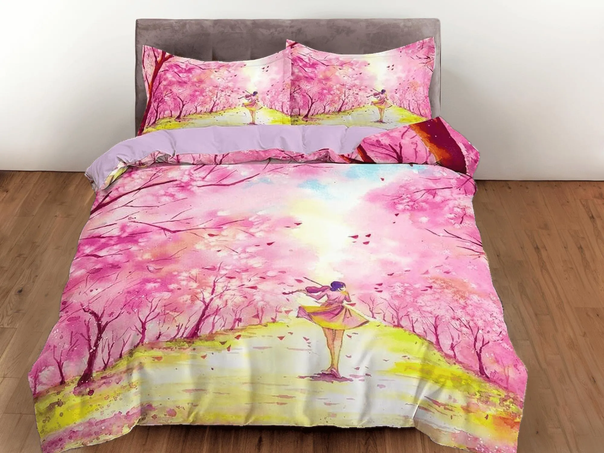 Pink cherry blossom bedding floral prints duvet cover queen, king, boho bedding designer bedspread artistic full size bedding aesthetic