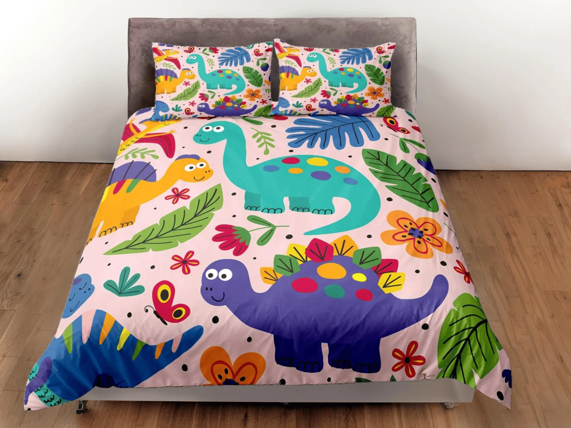 Pink dinosaur bedding, kids bedding full, cute duvet cover set, dinosaur nursery bed decor, colorful bedding, baby dinosaur, toddler