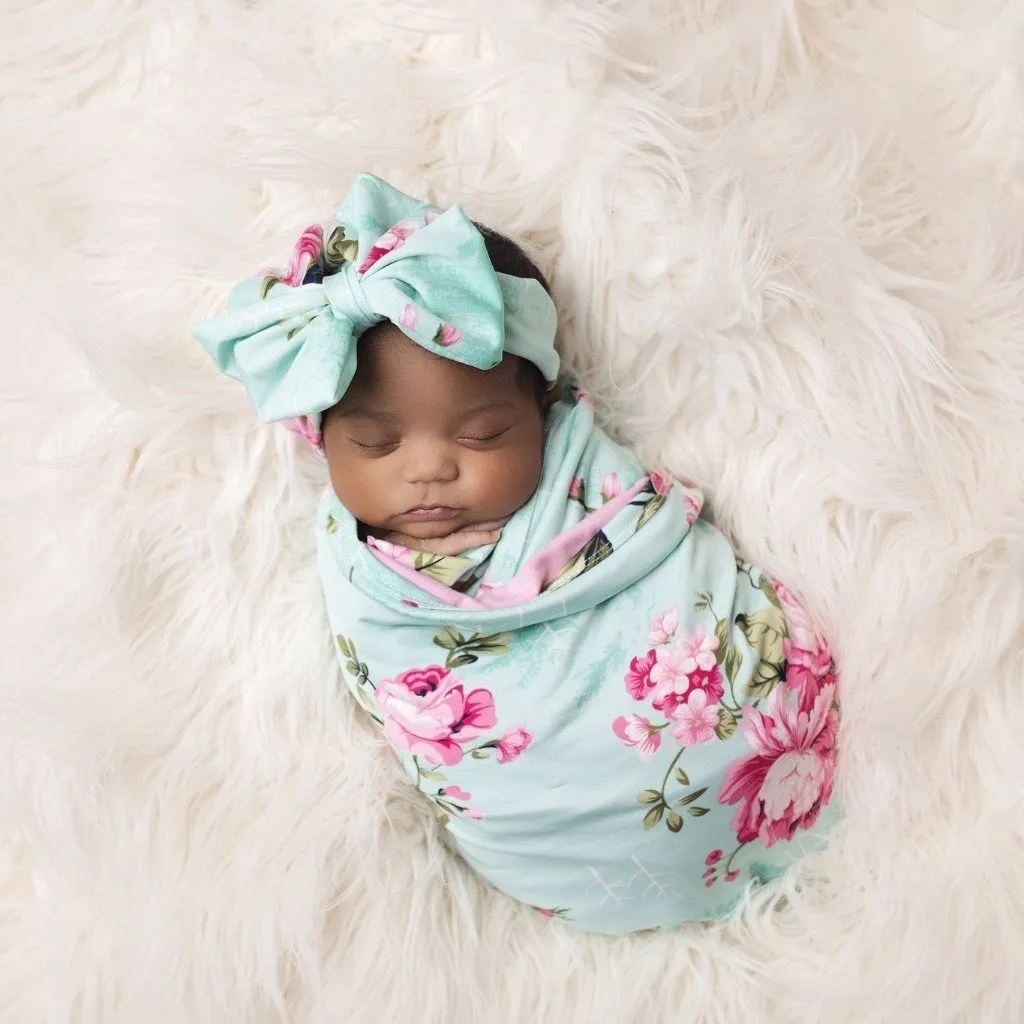 Posh Peanut - Baby Swaddle Set - Aqua Floral Double Sided