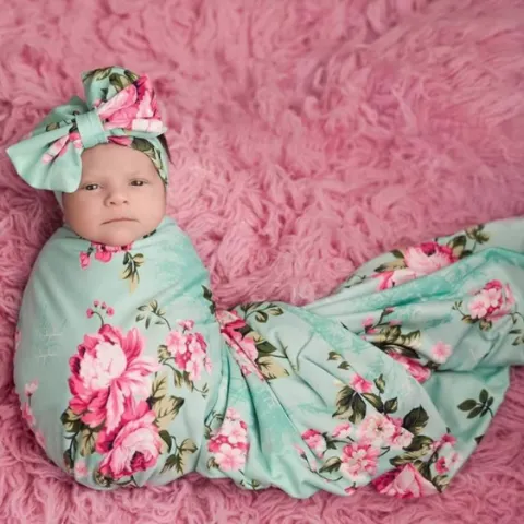 Posh Peanut - Baby Swaddle Set - Aqua Floral Double Sided