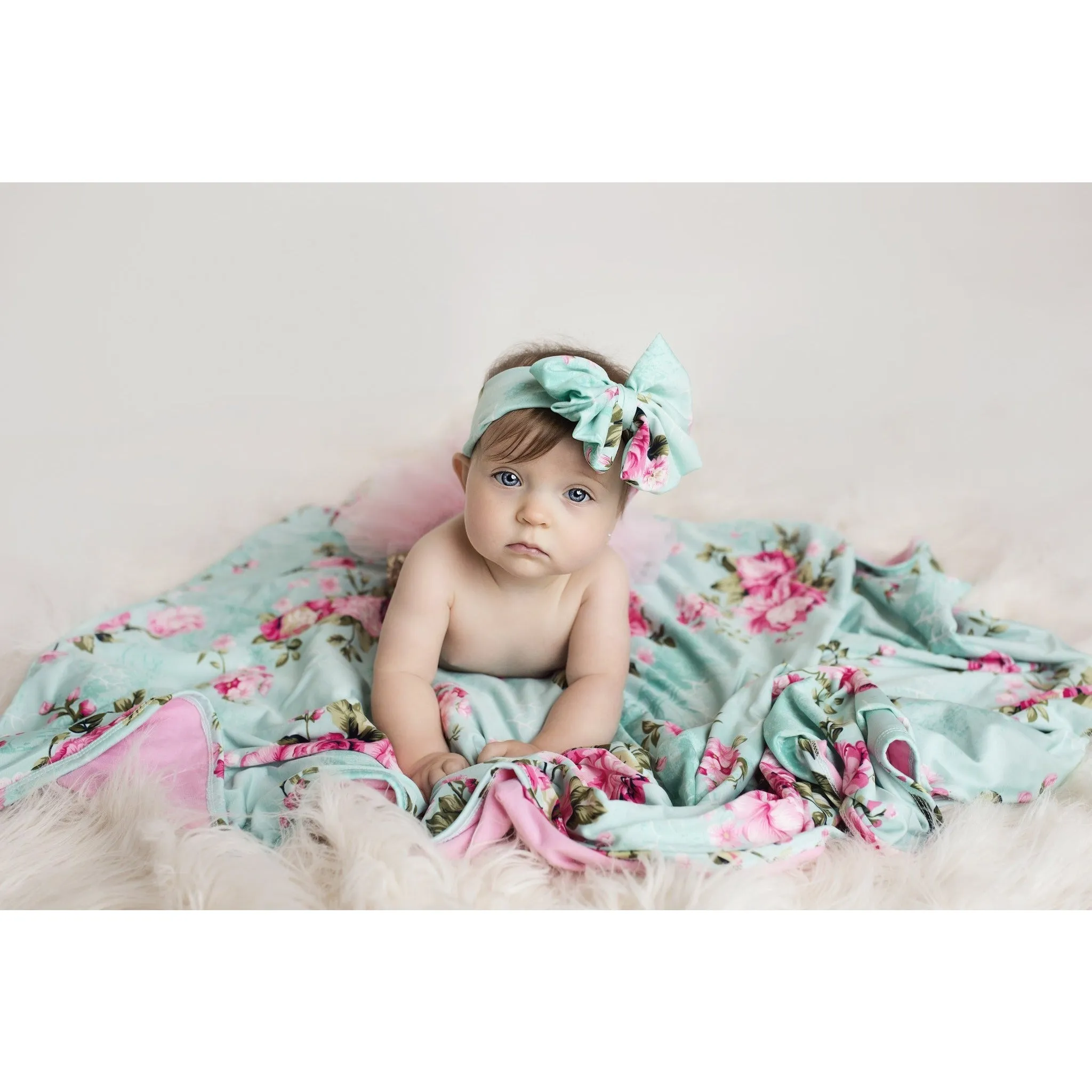 Posh Peanut - Baby Swaddle Set - Aqua Floral Double Sided