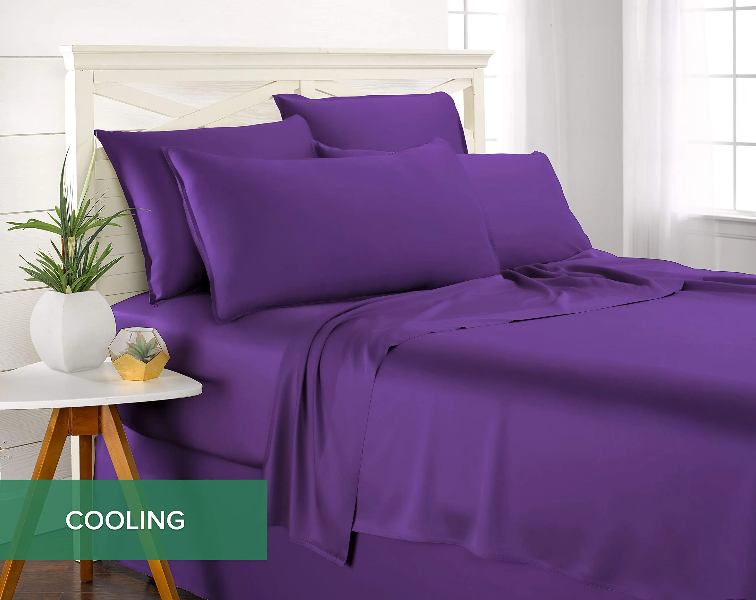 Pure Bamboo Sheets Queen Size Bed Sheets 4 Piece Set, 100% Organic Bamboo, Luxuriously Soft & Cooling, Double Stitching, 16" Deep Pockets, 1 Fitted, 1 Flat, 2 Pillowcases (Queen, Purple)