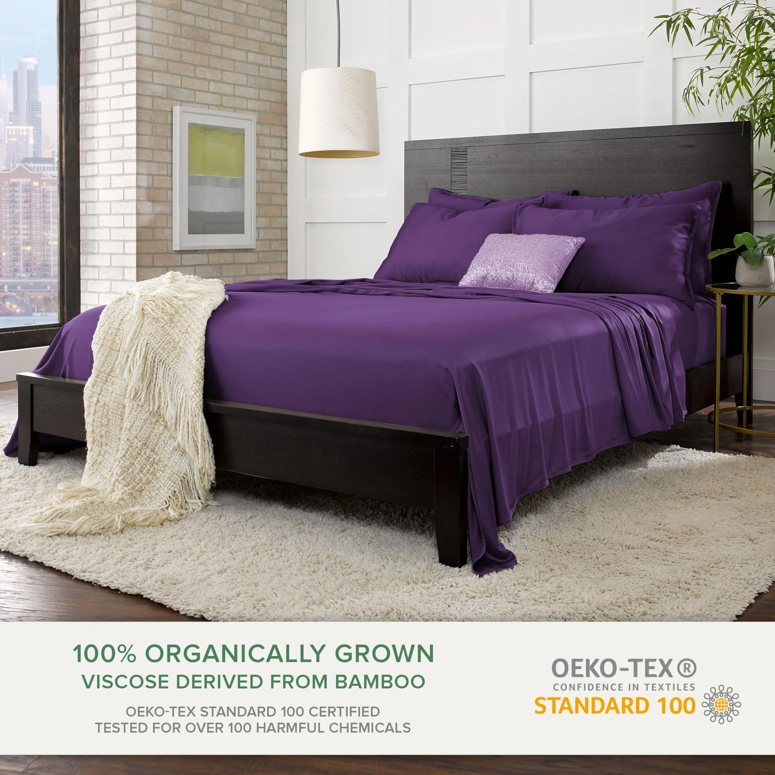 Pure Bamboo Sheets Queen Size Bed Sheets 4 Piece Set, 100% Organic Bamboo, Luxuriously Soft & Cooling, Double Stitching, 16" Deep Pockets, 1 Fitted, 1 Flat, 2 Pillowcases (Queen, Purple)