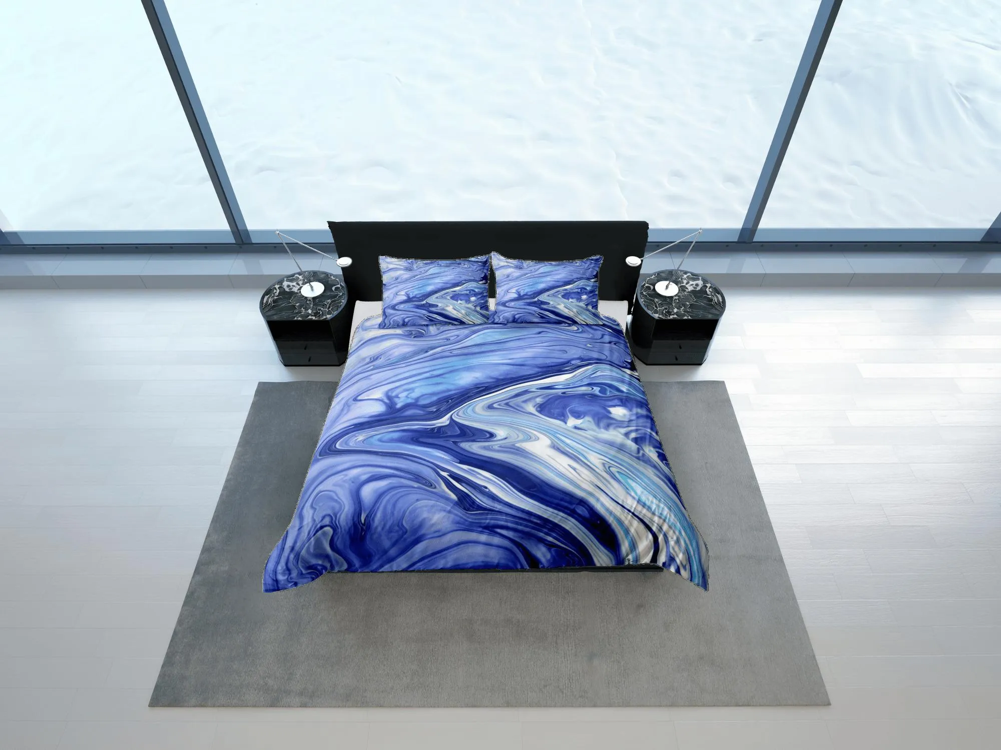 Purple blue marble bedding contemporary bedroom set aesthetic duvet cover, abstract art room decor boho chic bedding set full king queen