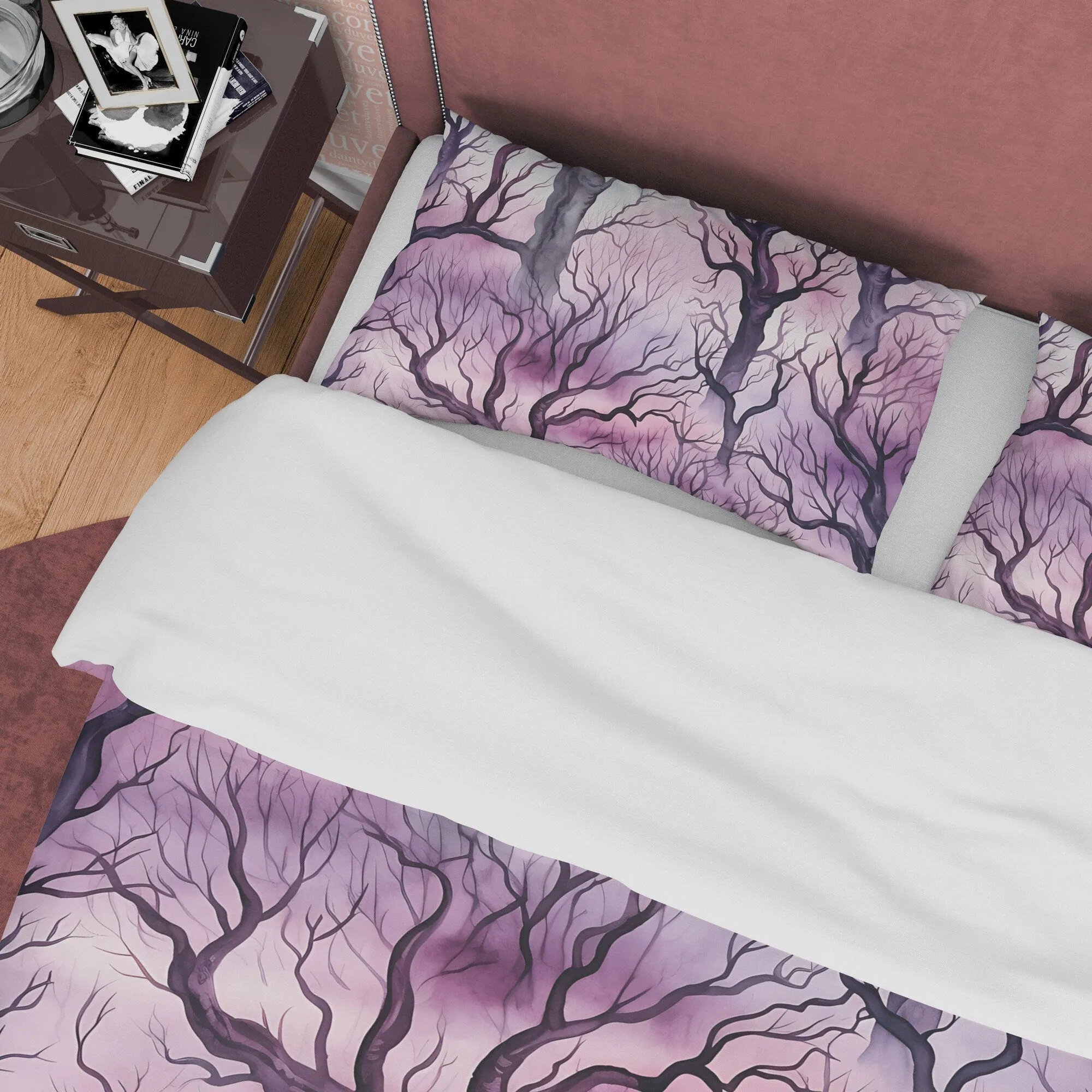 Purple Sky, Winter Enchanted Forest Themed Halloween Duvet Cover Set, Aesthetic Bedding, Spooky Room Decor, US, European, Australian Sizes