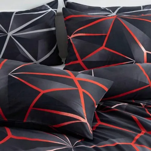 Queen size 6 pieces,  ﻿Black with Red Geometric Design Bedding set.