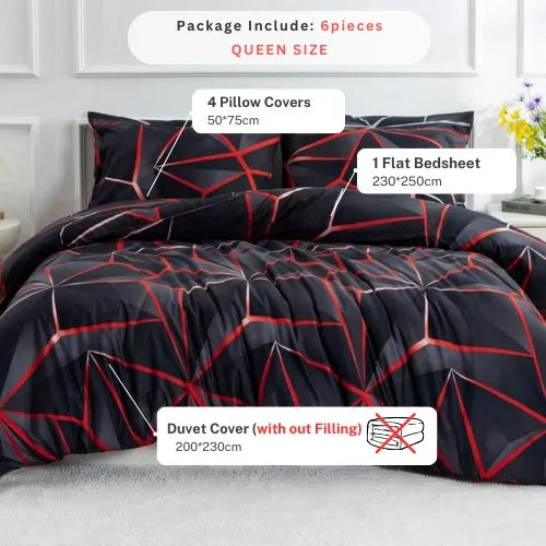 Queen size 6 pieces,  ﻿Black with Red Geometric Design Bedding set.