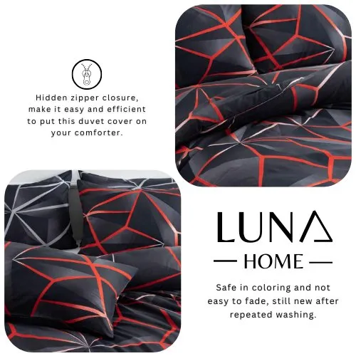 Queen size 6 pieces,  ﻿Black with Red Geometric Design Bedding set.