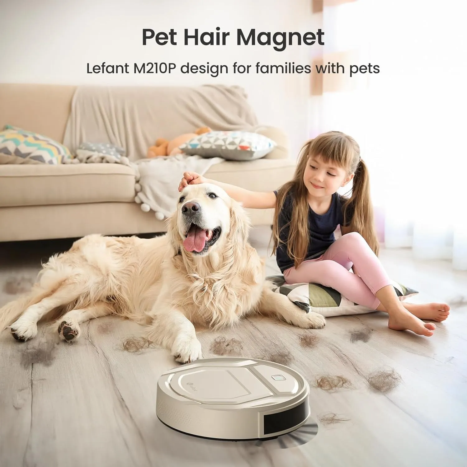 "Ultimate Cleaning Companion: M210P Champagne Robot Vacuum - Powerful, Sleek, and Smart! Perfect for Pet Hair, Hard Floors, and Carpets. Alexa Voice Control, Self-Charging, and Compact Design!"