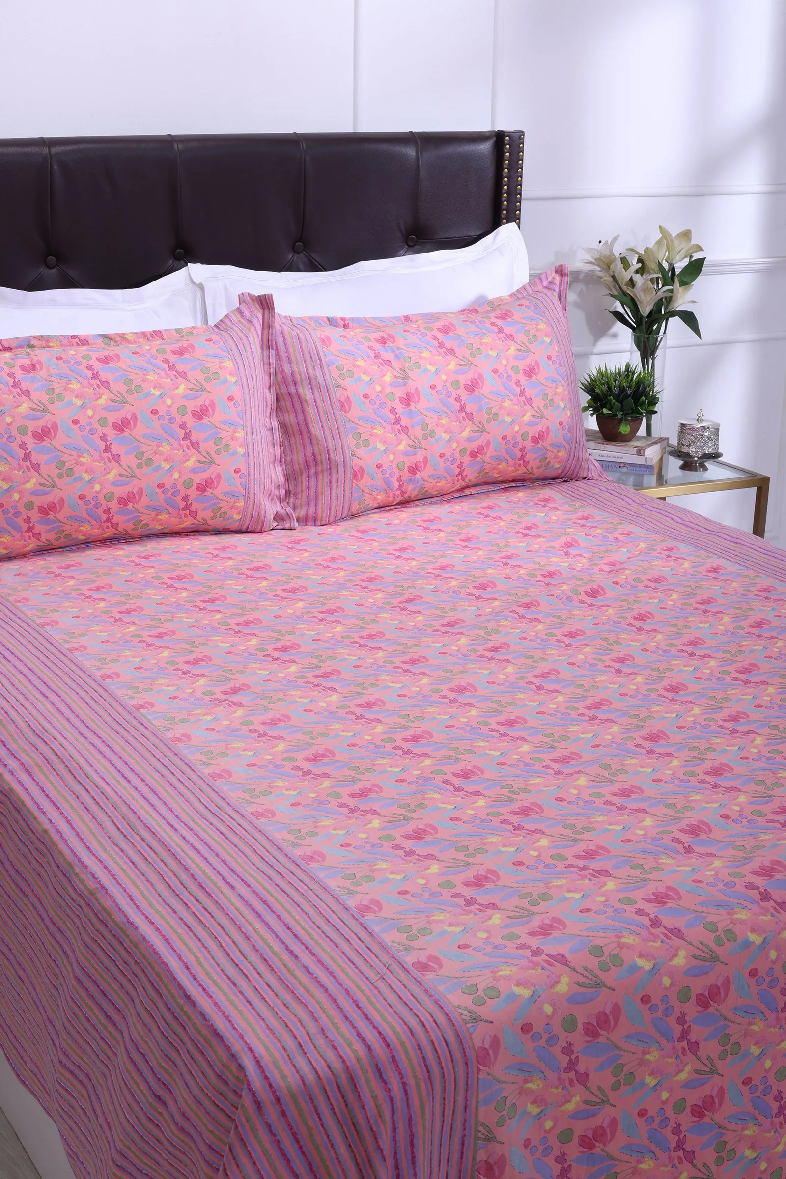 Rangeela Leaf Pink Cotton Bedsheet