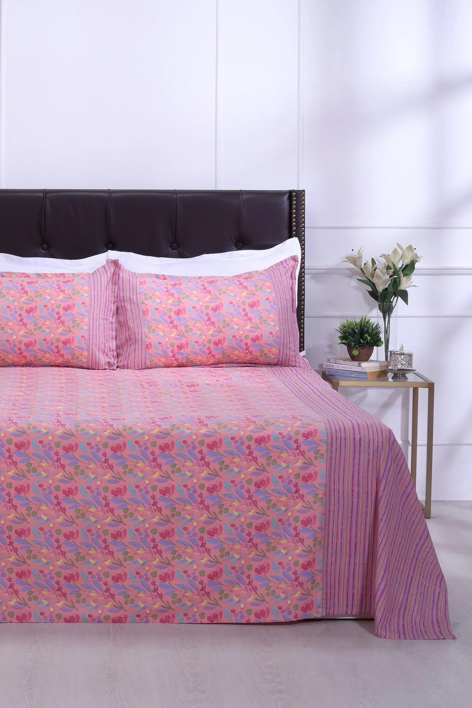 Rangeela Leaf Pink Cotton Bedsheet