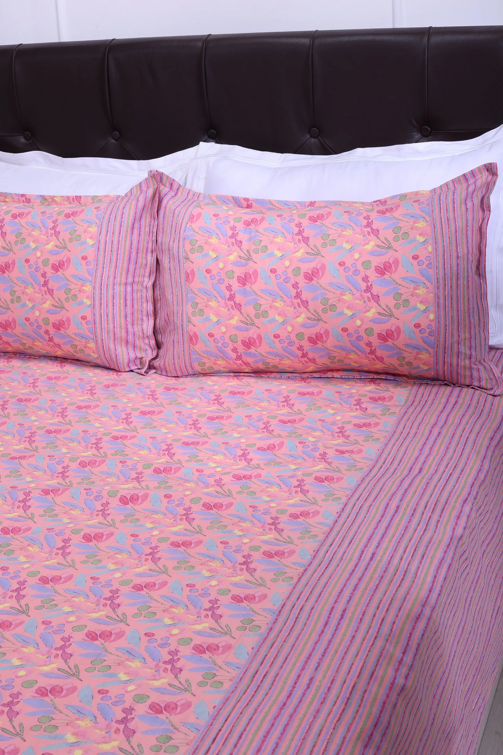 Rangeela Leaf Pink Cotton Bedsheet