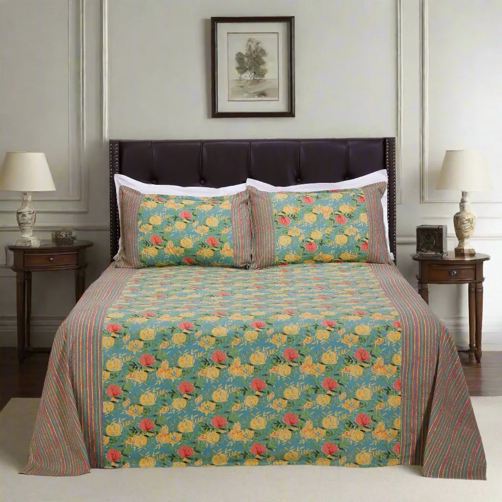 Rose Garden Turquoise Cotton Bedsheet