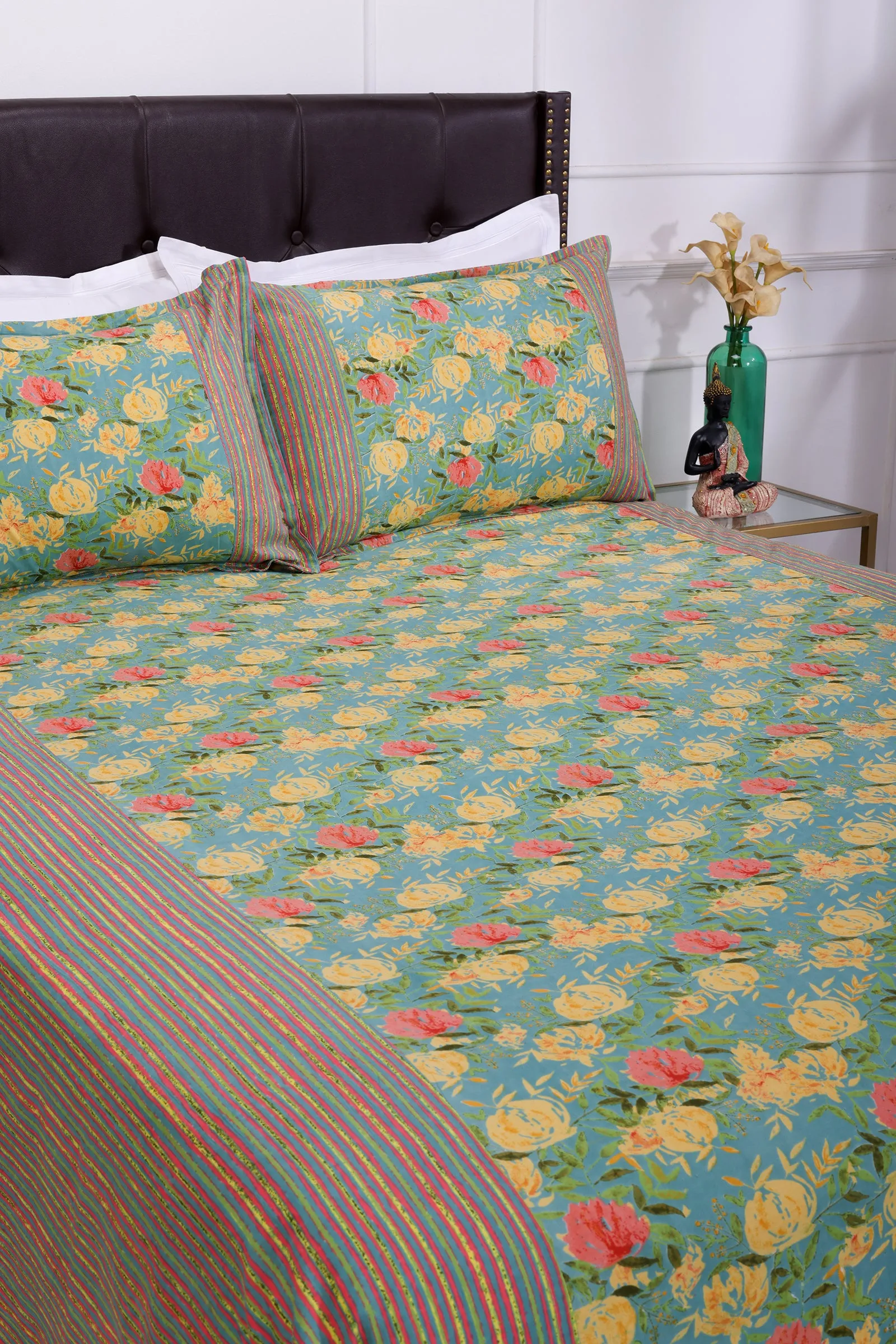 Rose Garden Turquoise Cotton Bedsheet