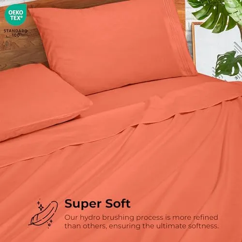 Royale Linens - 4 Piece Califoria King Bed Sheet - Brushed Microfiber 1800 Bedding - 1 Fitted Sheet, 1 Flat Sheet, 2 Pillow case - Wrinkle & Fade Resistant Cal King Size Sheet Set (Kingcal, Coral)