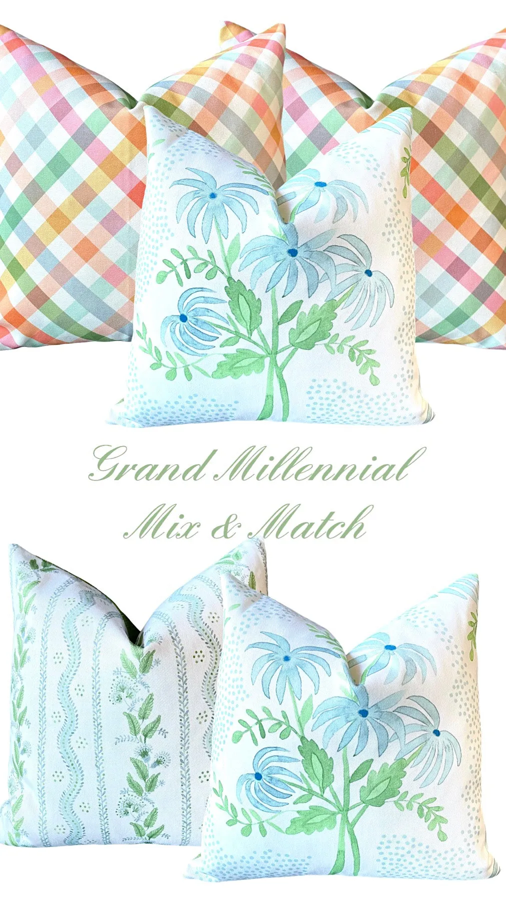 Sadie: Multicolor Plaid Pillow Cover in Pink, Orange, Light Blue and Green / Grandmillenial Pillows