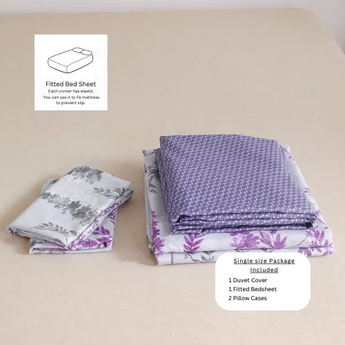 Single Size 4 Pieces, Purple Wisteria Design, Reversible Duvet Cover Set.