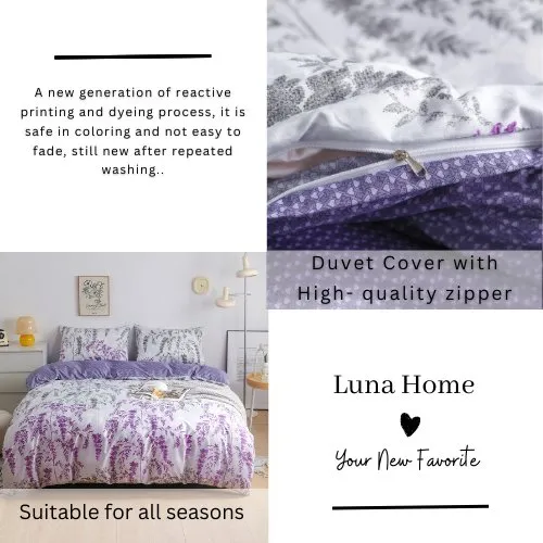 Single Size 4 Pieces, Purple Wisteria Design, Reversible Duvet Cover Set.