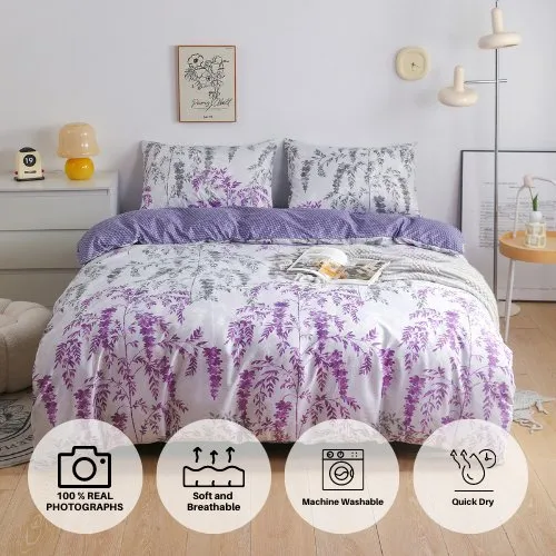 Single Size 4 Pieces, Purple Wisteria Design, Reversible Duvet Cover Set.