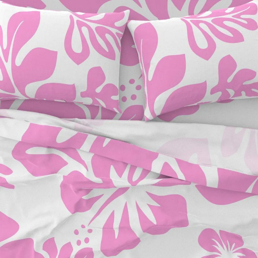 Soft Pink Hawaiian Flowers on White Sheet Set from Surfer Bedding™️ Large Scale