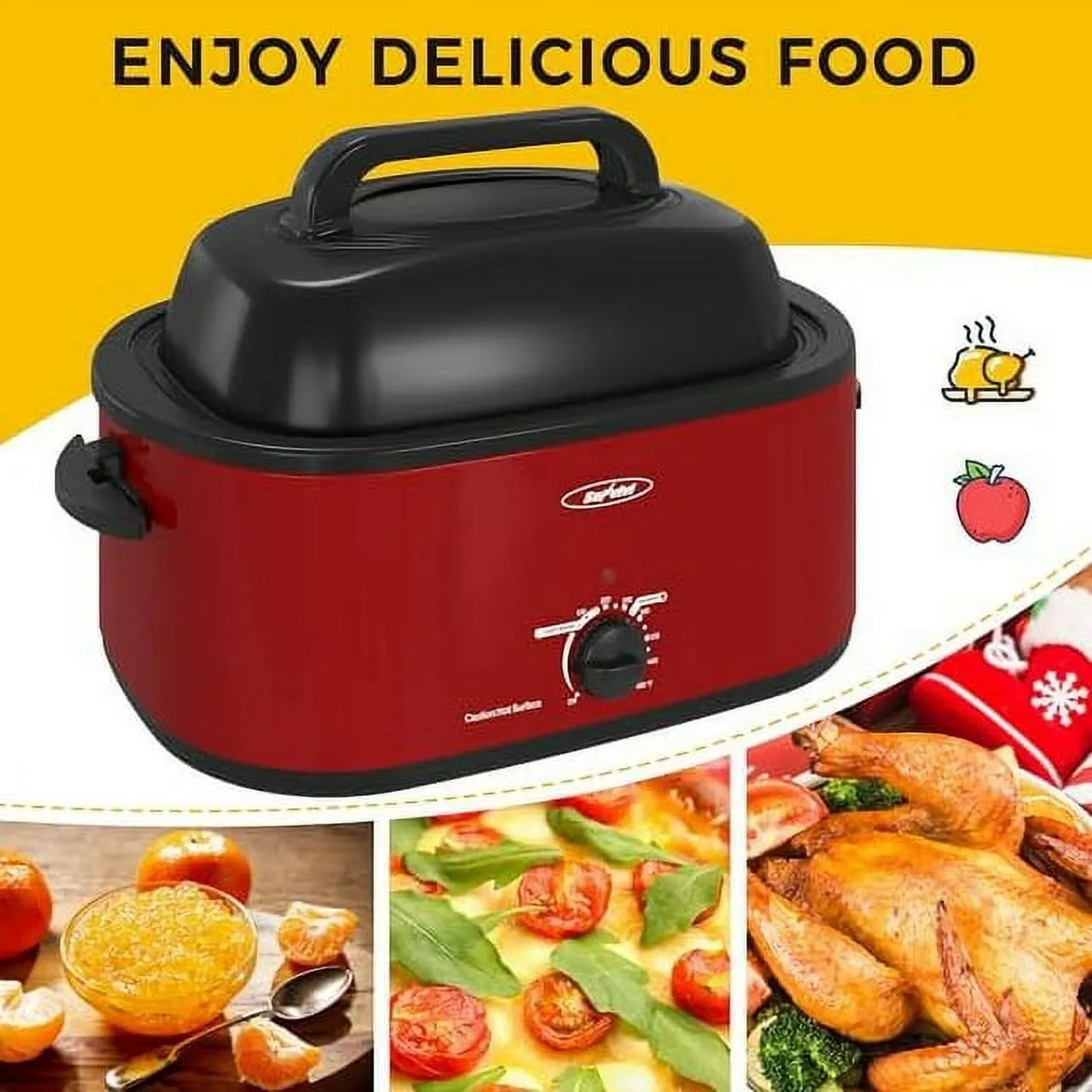 Sunvivi 26 Quart Electric Turkey Roaster Oven with Visible Glass Lid,Removable Pan & Rack, Stainless Steel,Red