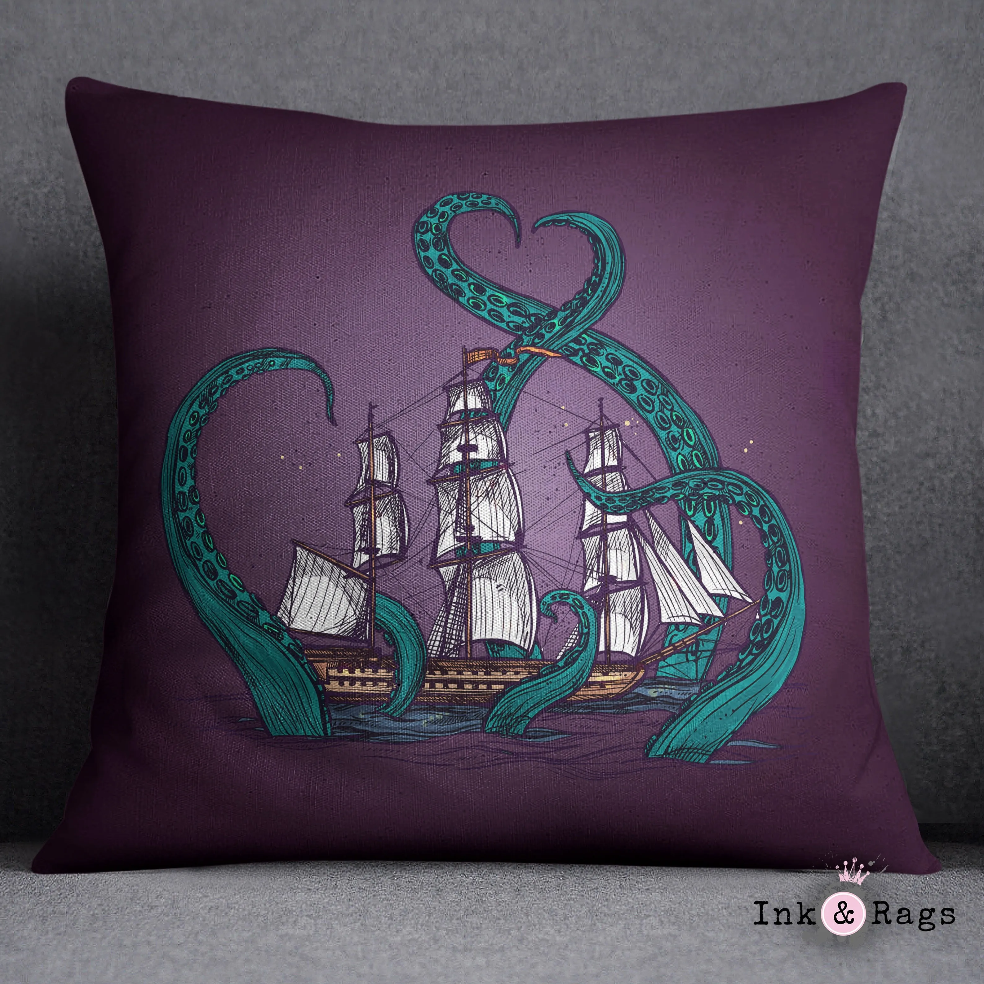 Teal and Purple Kraken Ship Decorative Throw and Pillow Cover Set