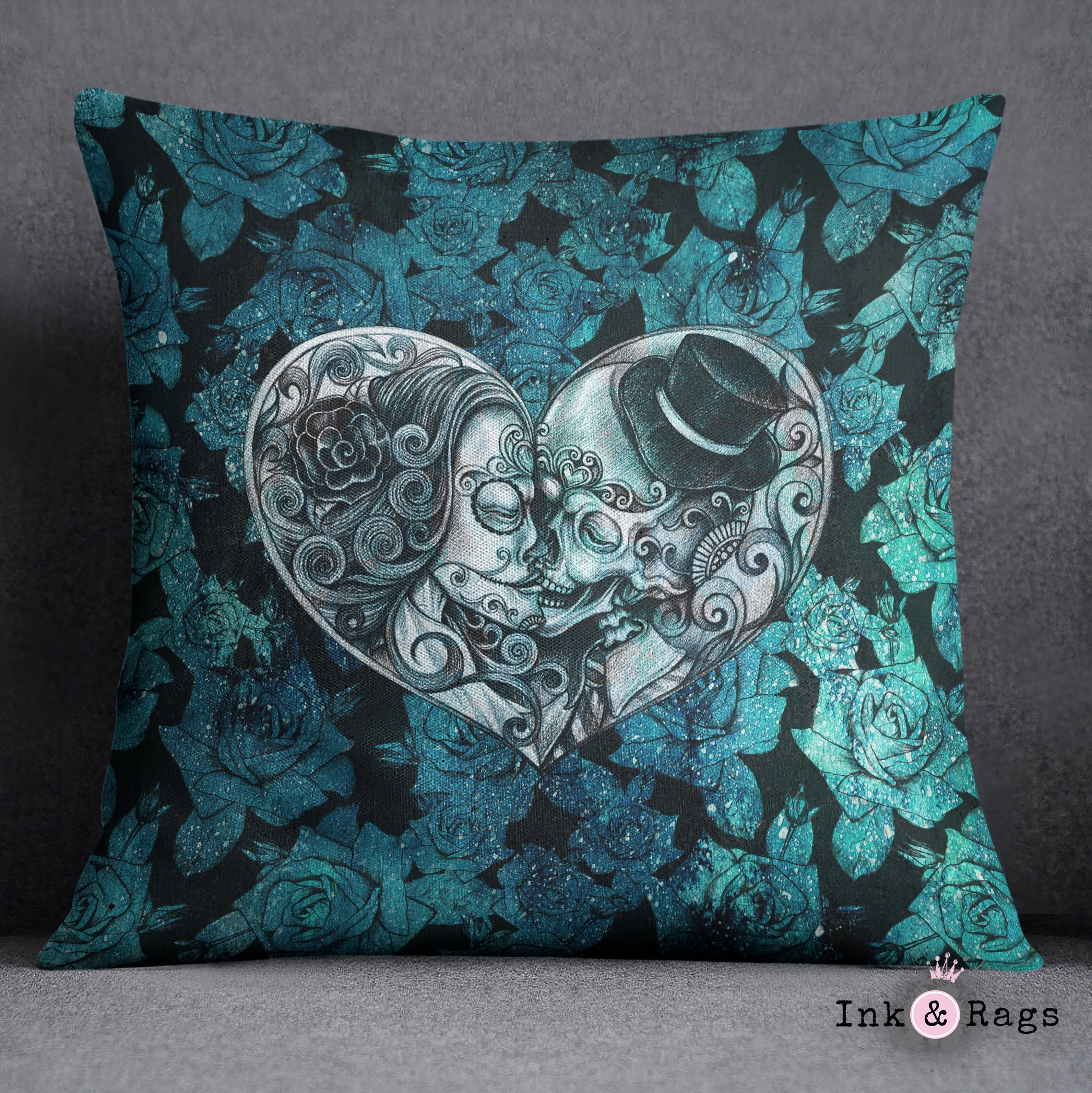 Teal Cosmic Rose Sugar Skull Throw Pillow