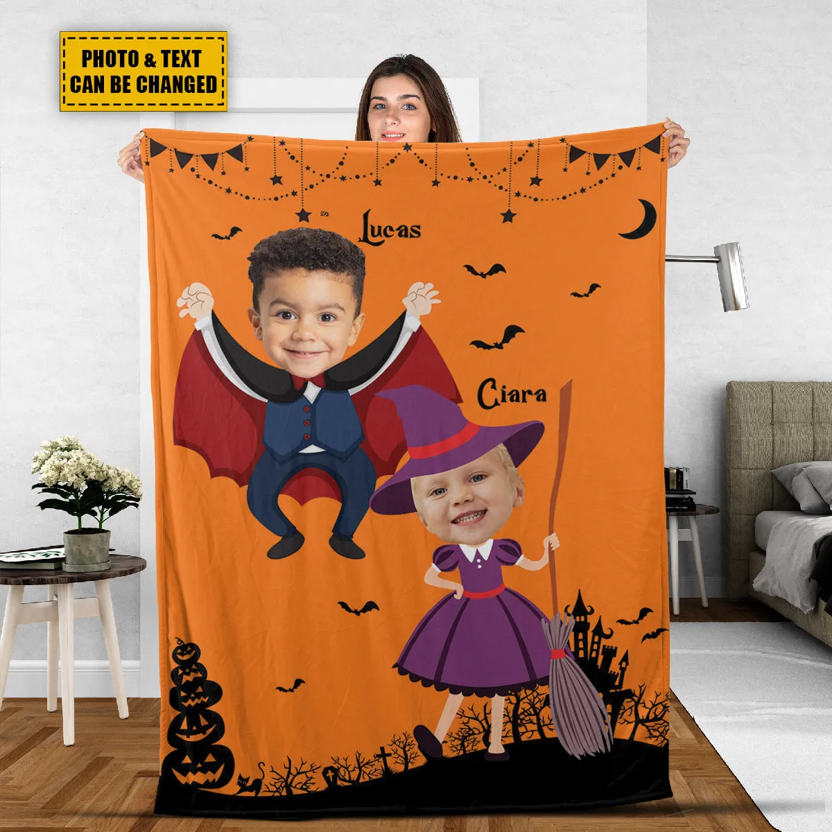 Teesdily | Kid Nursery Halloween Blanket With Face Cute Halloween Sherpa Fleece Blanket Customized Picture Halloween Gift Nursery Decoration