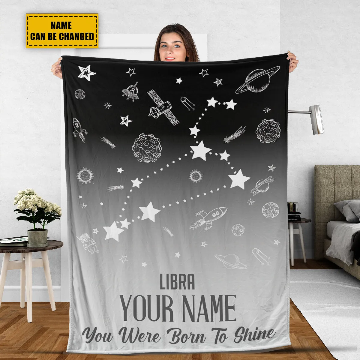 Teesdily | Libra Customized Fleece Blanket Constellation Blanket You Were Born To Shine Fleece Personalized Name Zodiac Blankets Astrology Gifts