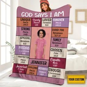 Teesdily | Personalized God Says I Am Fleece Blanket, Christian Kid Throw Blanket, Child Of God Sofa Blanket, God Bible Verse Fleece Blanket Throw