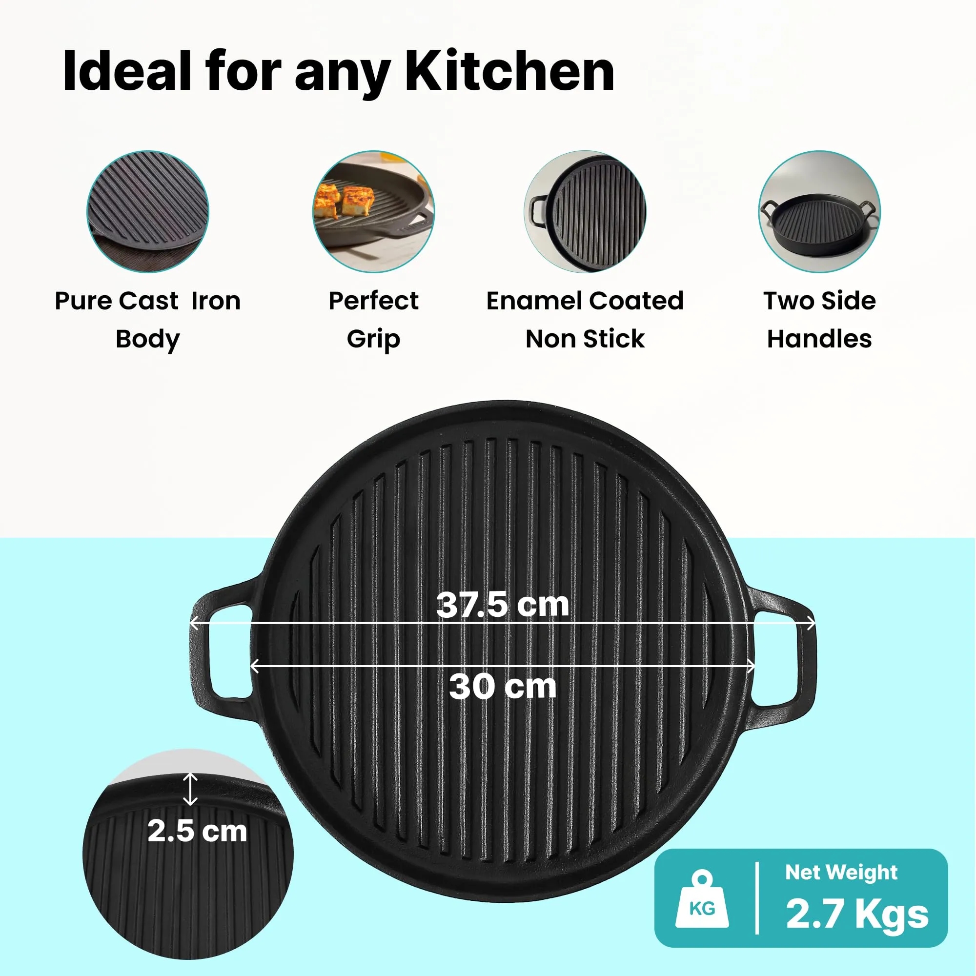 The Better Home Rustic Series Cast Iron Cookware (30cm) | Enamel Coated Grill Pan Cast Iron | Cast Iron Skillet |Gas Grill Tawa | Rust Proof Iron Egg Fish Fry Pan | Gas & Induction Friendly (Black)