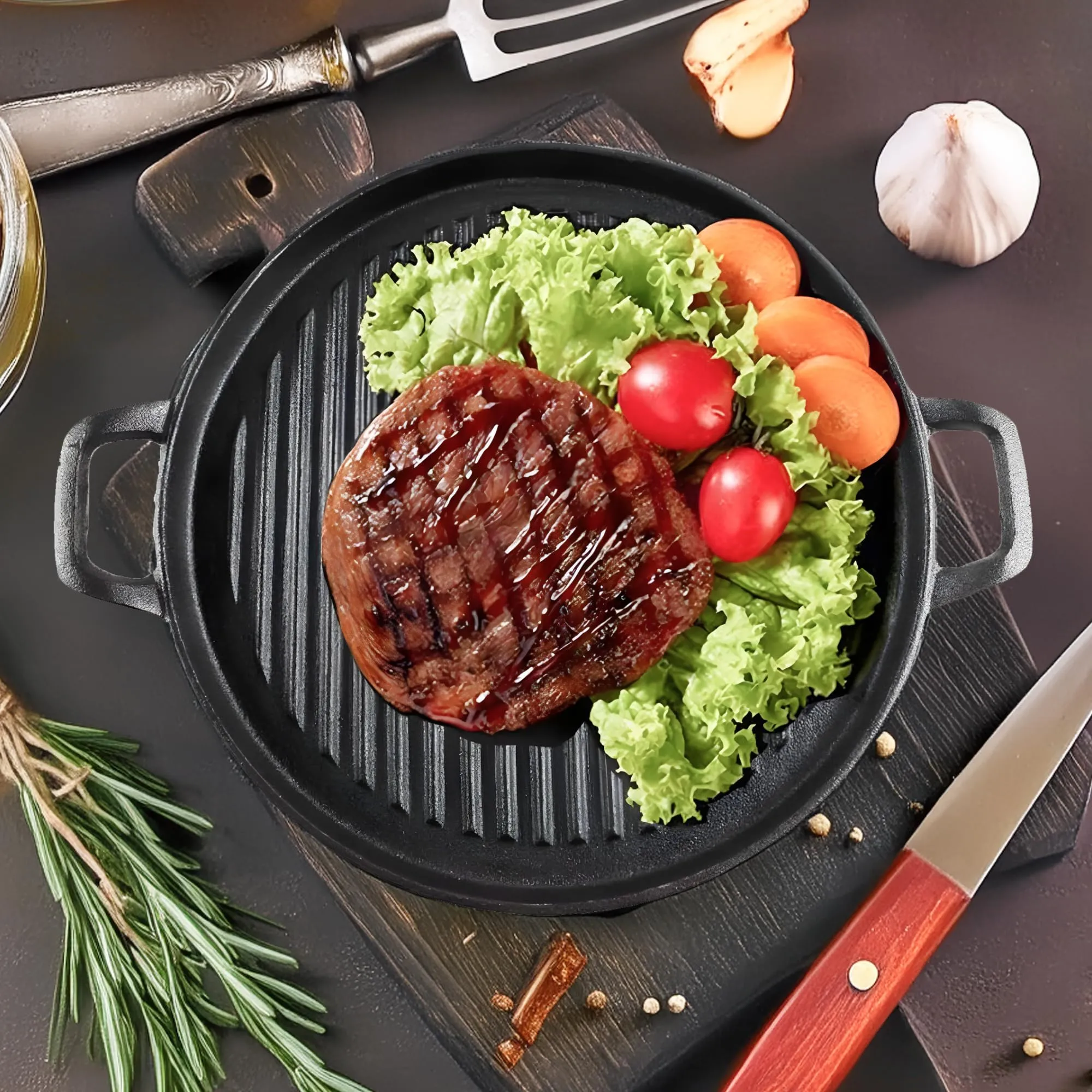 The Better Home Rustic Series Cast Iron Cookware (30cm) | Enamel Coated Grill Pan Cast Iron | Cast Iron Skillet |Gas Grill Tawa | Rust Proof Iron Egg Fish Fry Pan | Gas & Induction Friendly (Black)